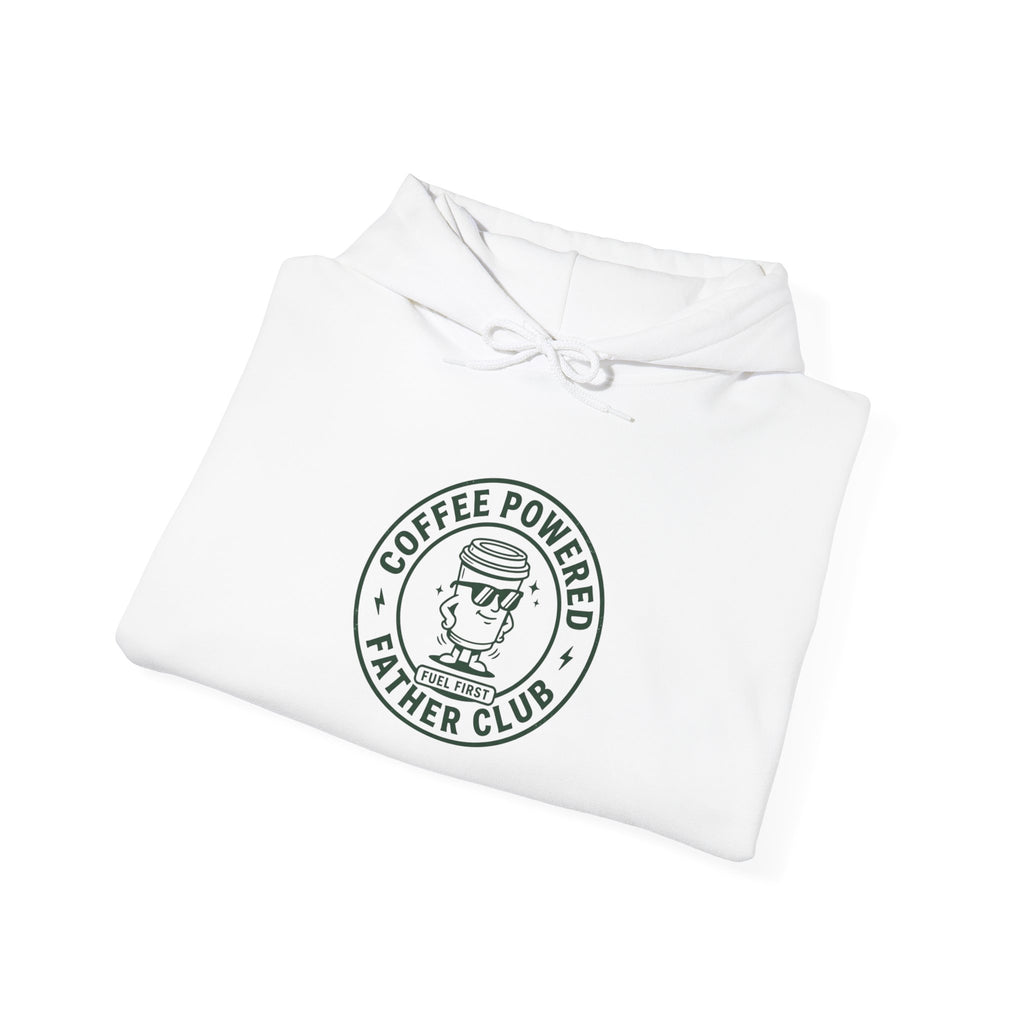 Coffee Powered Father Club Hoodie | Father's Day Dad Humor, Retro Badge