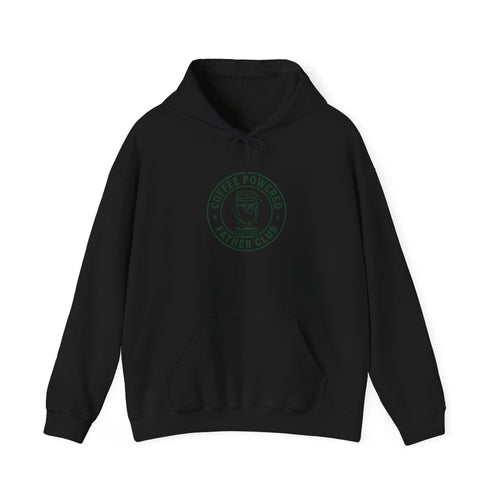 Coffee Powered Father Club Hoodie | Father's Day Dad Humor, Retro Badge