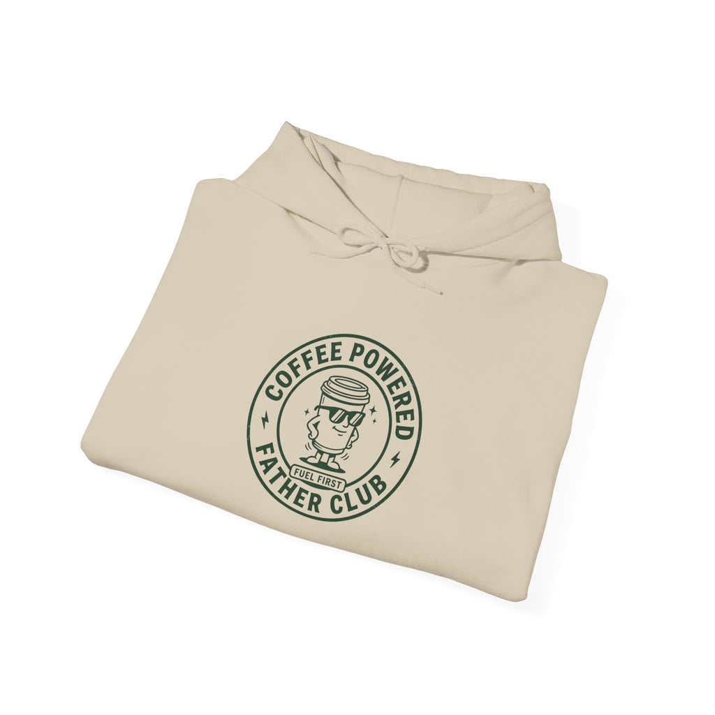 Coffee Powered Father Club Hoodie | Father's Day Dad Humor, Retro Badge